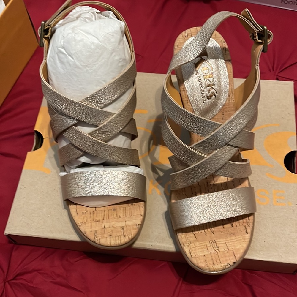 Kork-Ease Metallic Champagne Cork Wedge Sandals - Picture 3 of 3